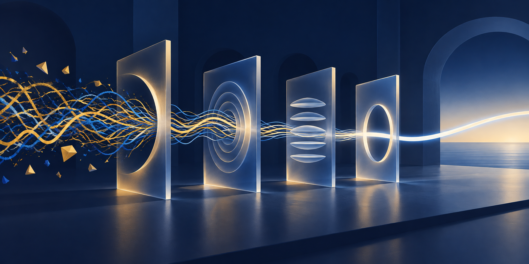 A tense signal passing through four calming steps and emerging as one clear resolution path