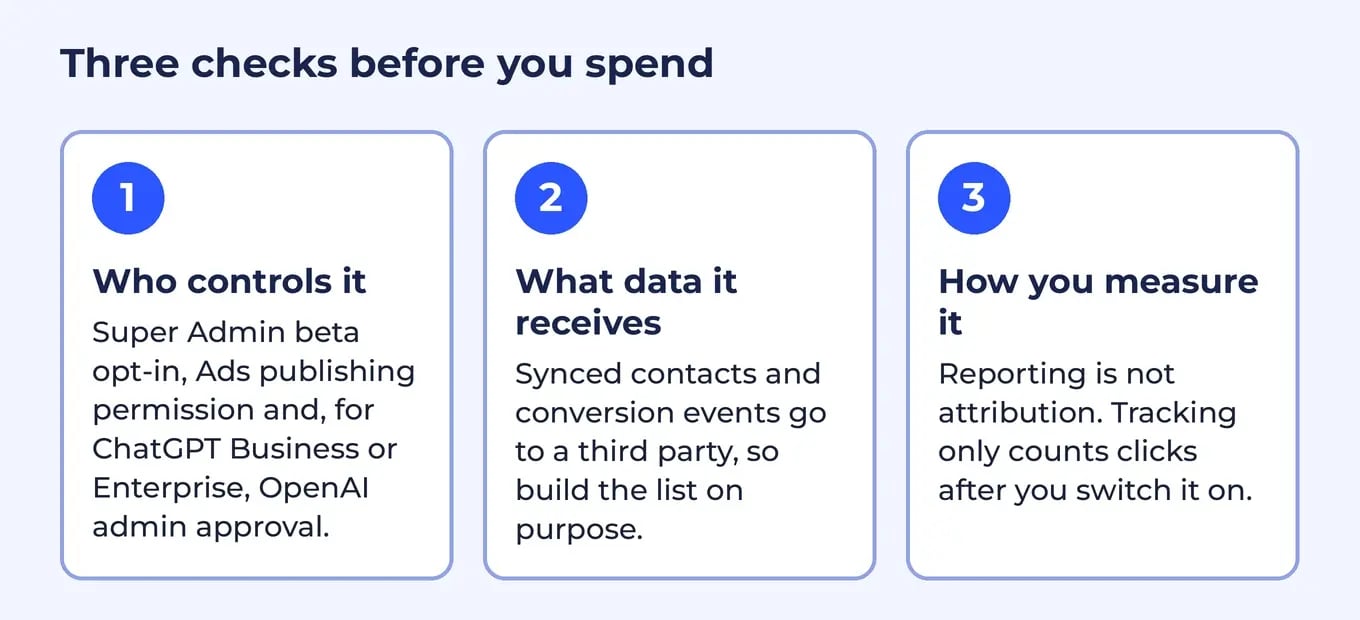 Three cards: who controls it, what data it receives, how you measure it.