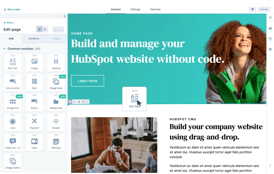 Screenshot: מבט על בונה העמודים וניהול ה-CMS ב-Content Hub