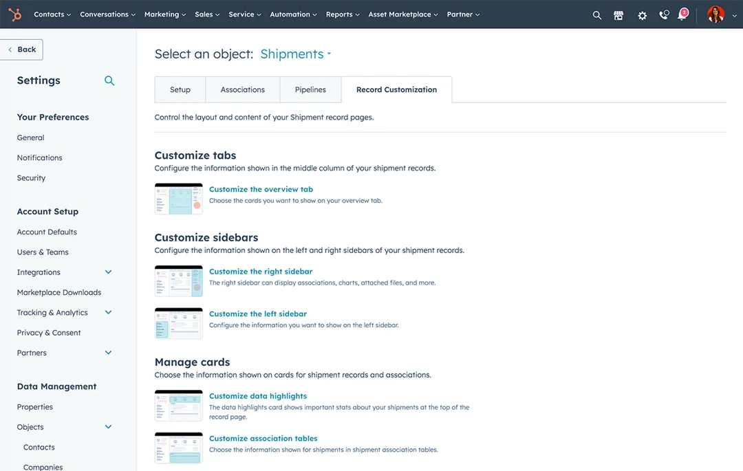 Screenshot: HubSpot custom object record customization view