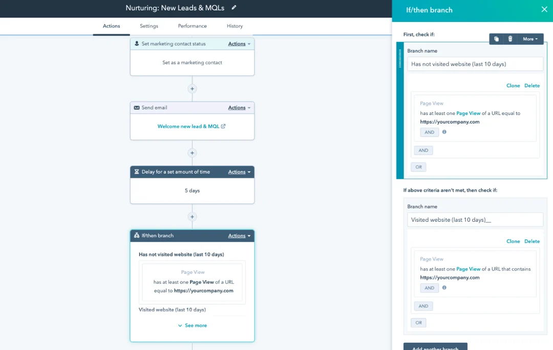 Screenshot: בונה ה-workflows של Marketing Hub