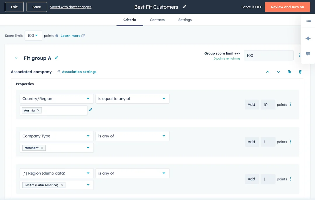 Screenshot: ניקוד לידים ופילוח ב-Marketing Hub