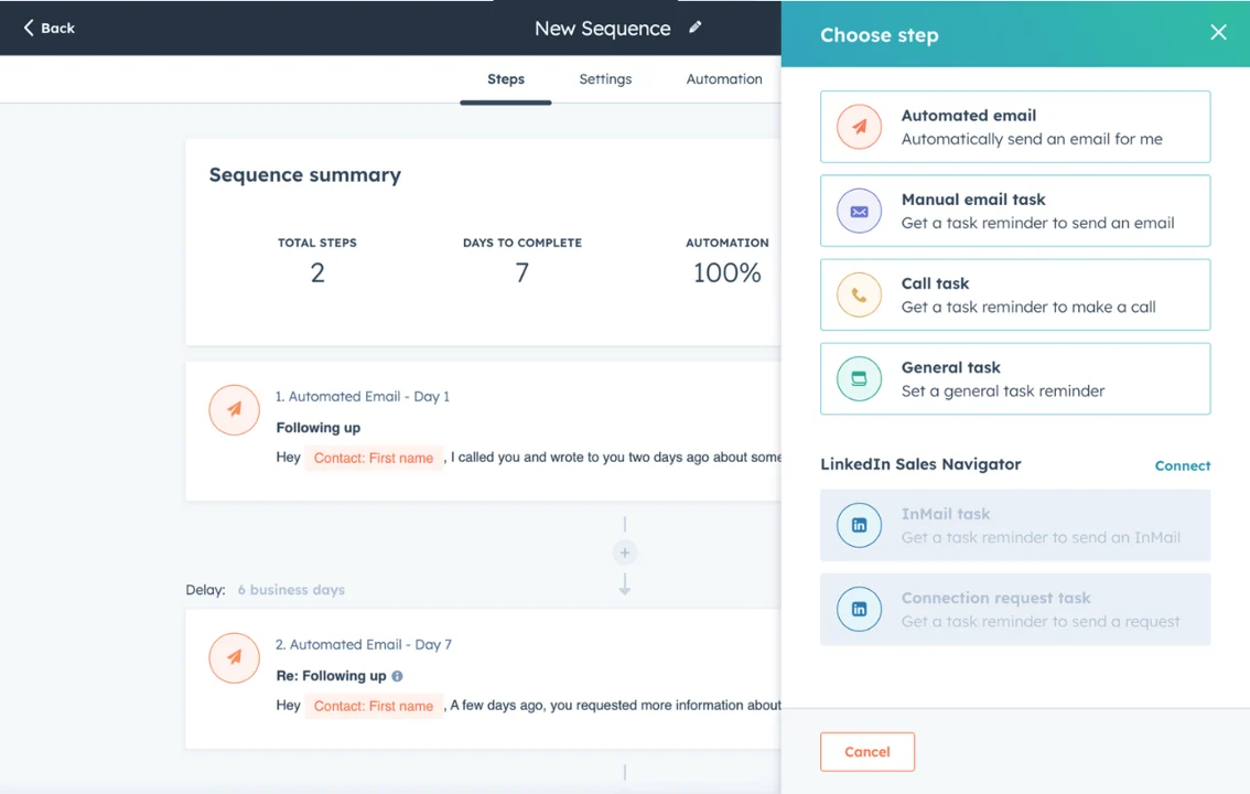 Screenshot: Sales Hub sequences and workflow builder view