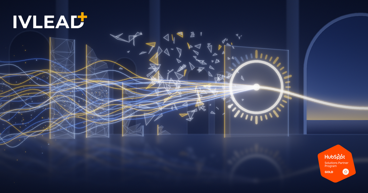 Glass walls shatter as a stream of light passes through one counting ring, a metaphor for HubSpot's move from hubs to metered credits.