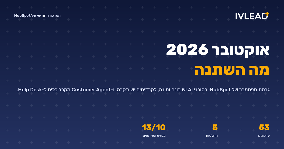 העדכון החודשי של HubSpot, אוקטובר 2026: לסוכני AI יש בונה ומונה, לקרדיטים יש תקרה, ו-Customer Agent מקבל כלים ל-Help Desk
