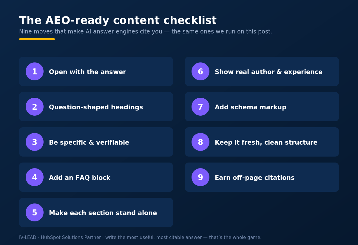 The AEO-ready content checklist, nine points