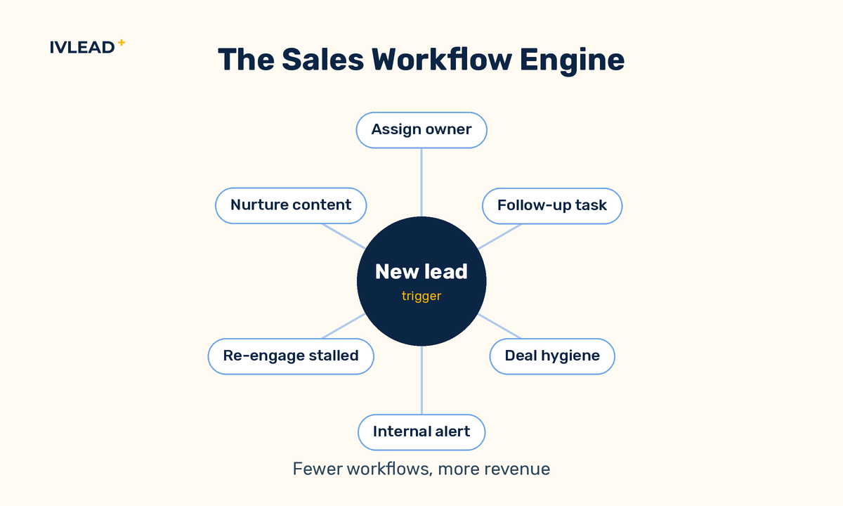 Diagram of new leads entering a HubSpot workflow engine that routes assignment, follow-up tasks, deal hygiene, notifications and nurture, producing a faster sales process